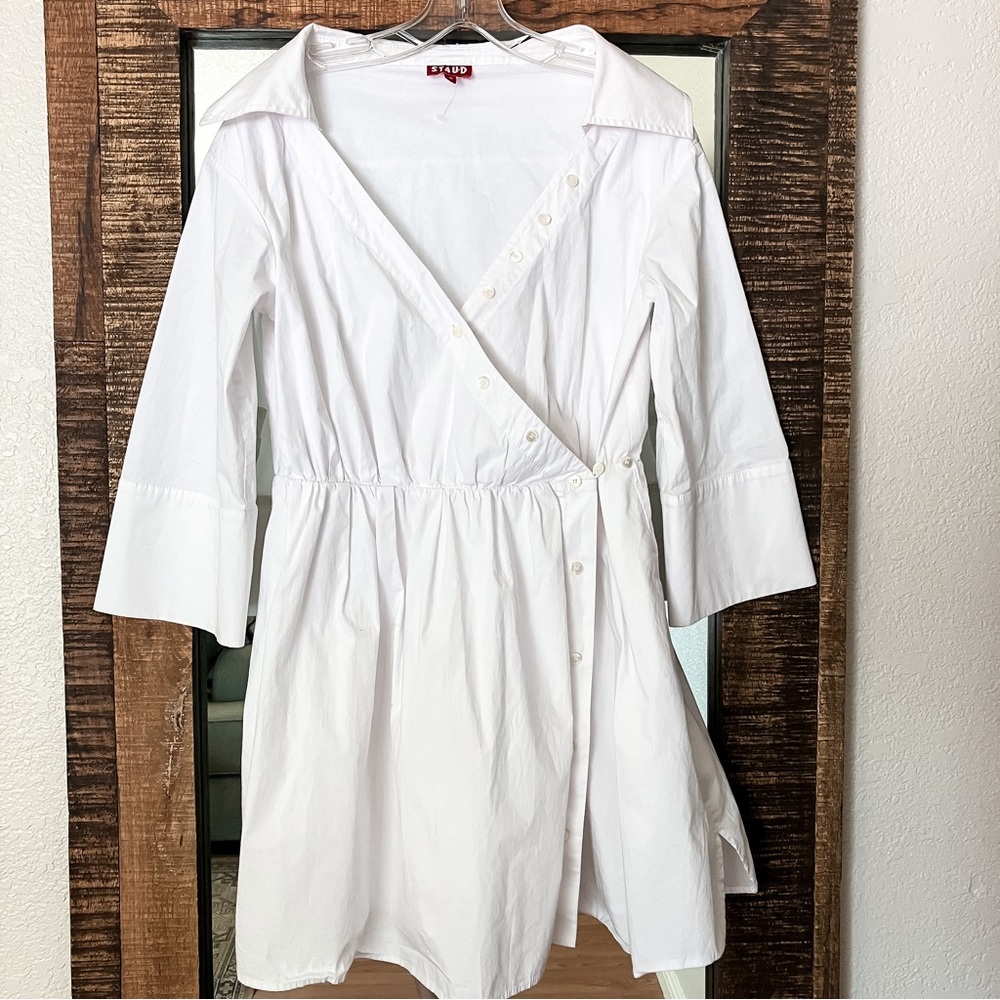 STAUD Mini Dress white asymmetrical button plunging neckline casual resort beach